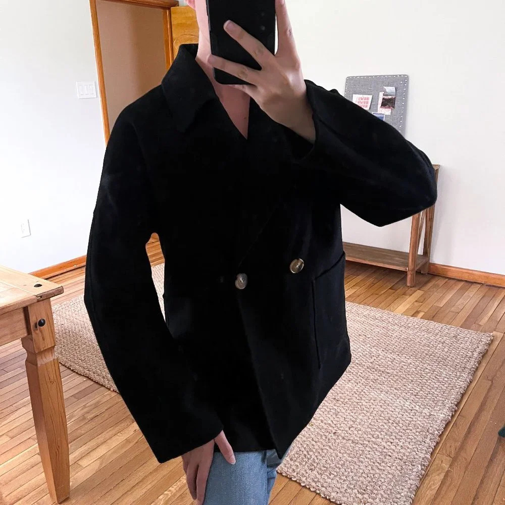 Gentle Herd 100% Wool Black Classic Bohemian Knit Collared Long Trench Coat XL